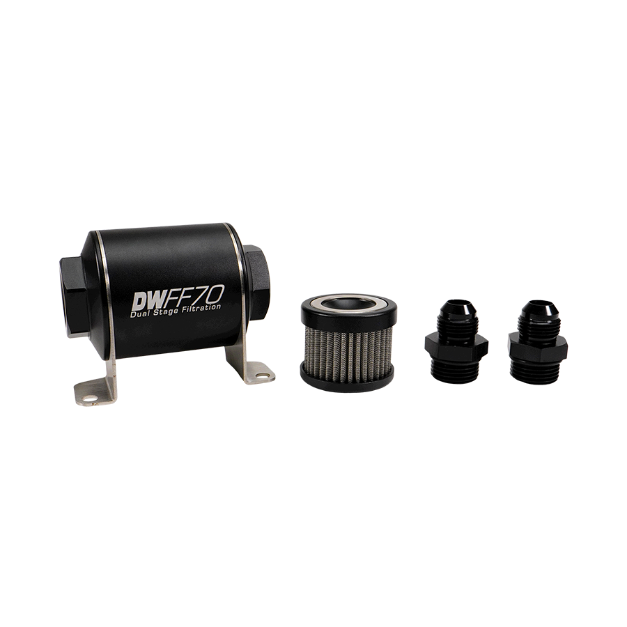 8AN, 10 micron, 70mm In-line fuel filter kit – DeatschWerks
