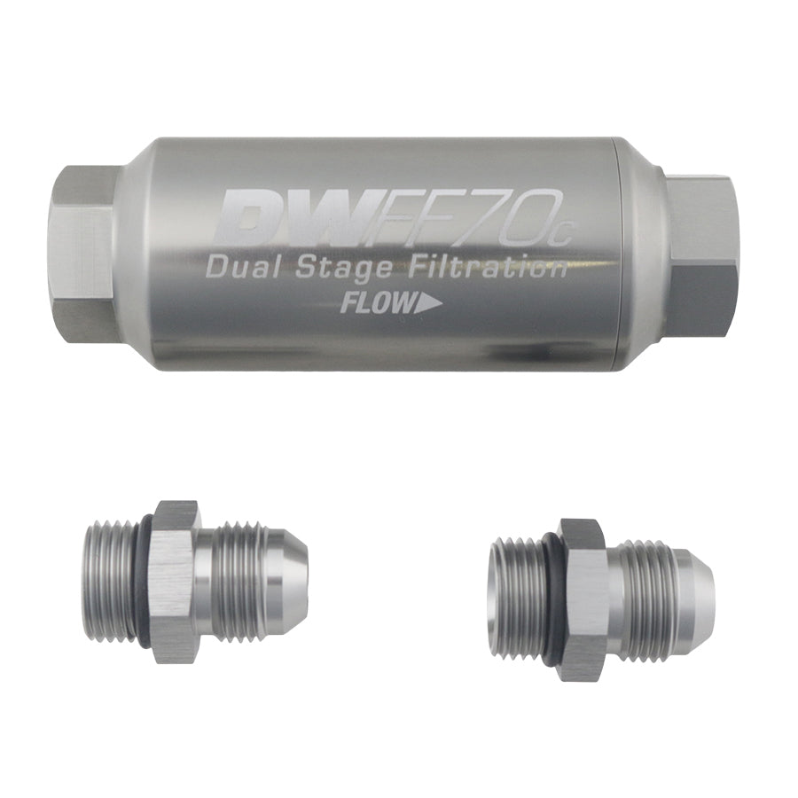 8AN, 10 micron, 70mm compact in-line fuel filter kit – DeatschWerks