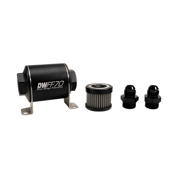 8AN, 10 micron, 70mm In-line fuel filter kit – DeatschWerks